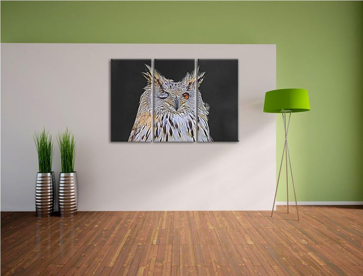 zwinkernde Waldohreule schwarz/weiss Deluxe 3-Teiler Leinwandbild 120x80 Bild auf Leinwand, XXL ries