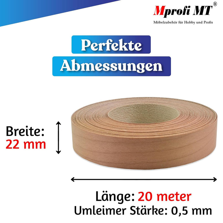 Mprofi MT® 20m Rolle-Kantenumleimer-Echtholz Furnier Umleimer mit Schmelzkleber-Bügelkante für Regal