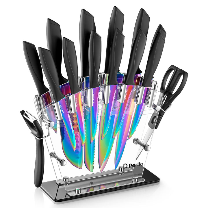 D.Perlla Messerblock, 16-TLG Messer set, Regenbogenfarbe Titanbeschichtung Messer mit Acryl Messerha
