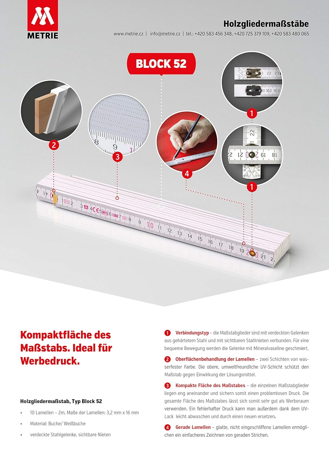 Metrie BLOCK52 Holz Zollstock/Zollstöcke 10x Stück|2m langer Gliedermassstab, Meterstab mit Duplex-T