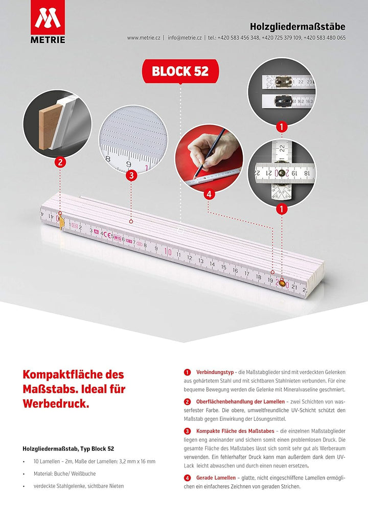 Metrie BLOCK52 Holz Zollstock/Zollstöcke 10x Stück|2m langer Gliedermassstab, Meterstab mit Duplex-T