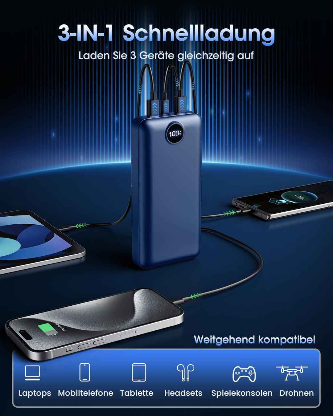 PowerBank 50000mAh Grosse Kapazität, 3 in 1 Ladekabel 22,5W Externer Akku Schnelles Aufladen USB-C 3