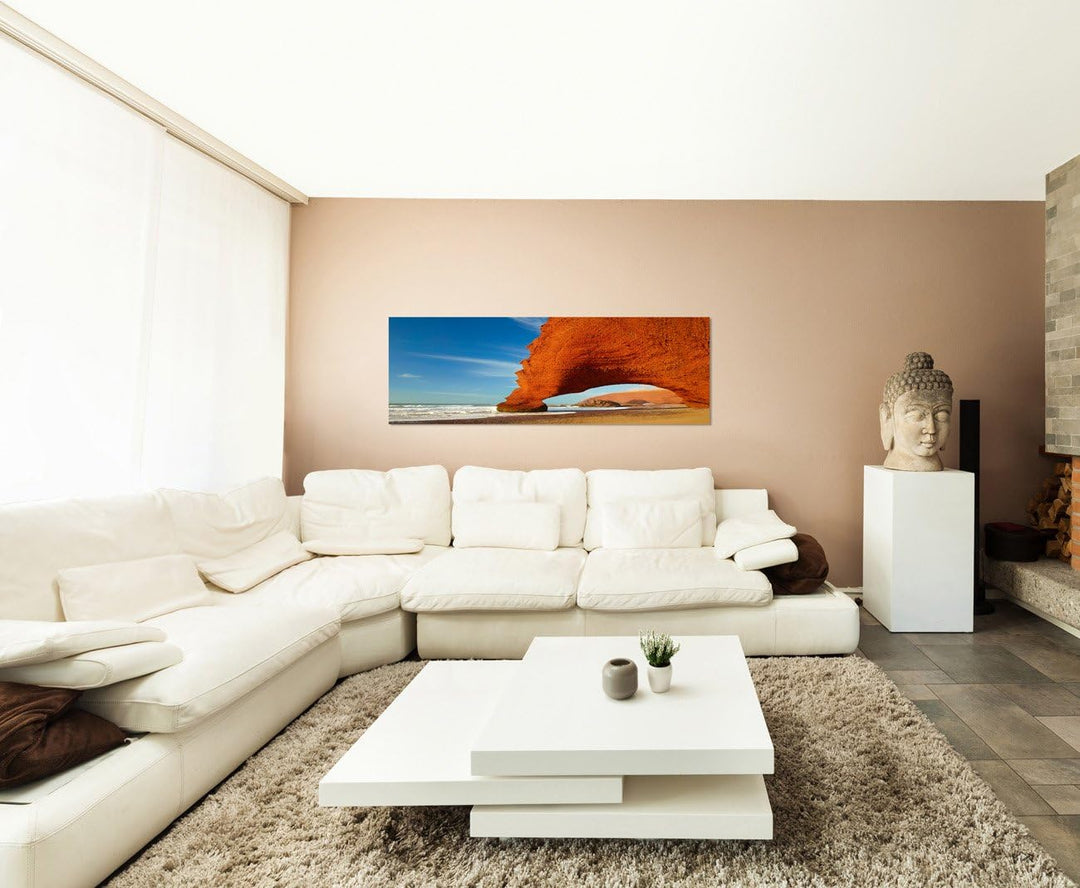 Paul Sinus Art Panoramabild auf Leinwand und Keilrahmen 150x50cm Marokko Felsen Meer Strand Himmel
