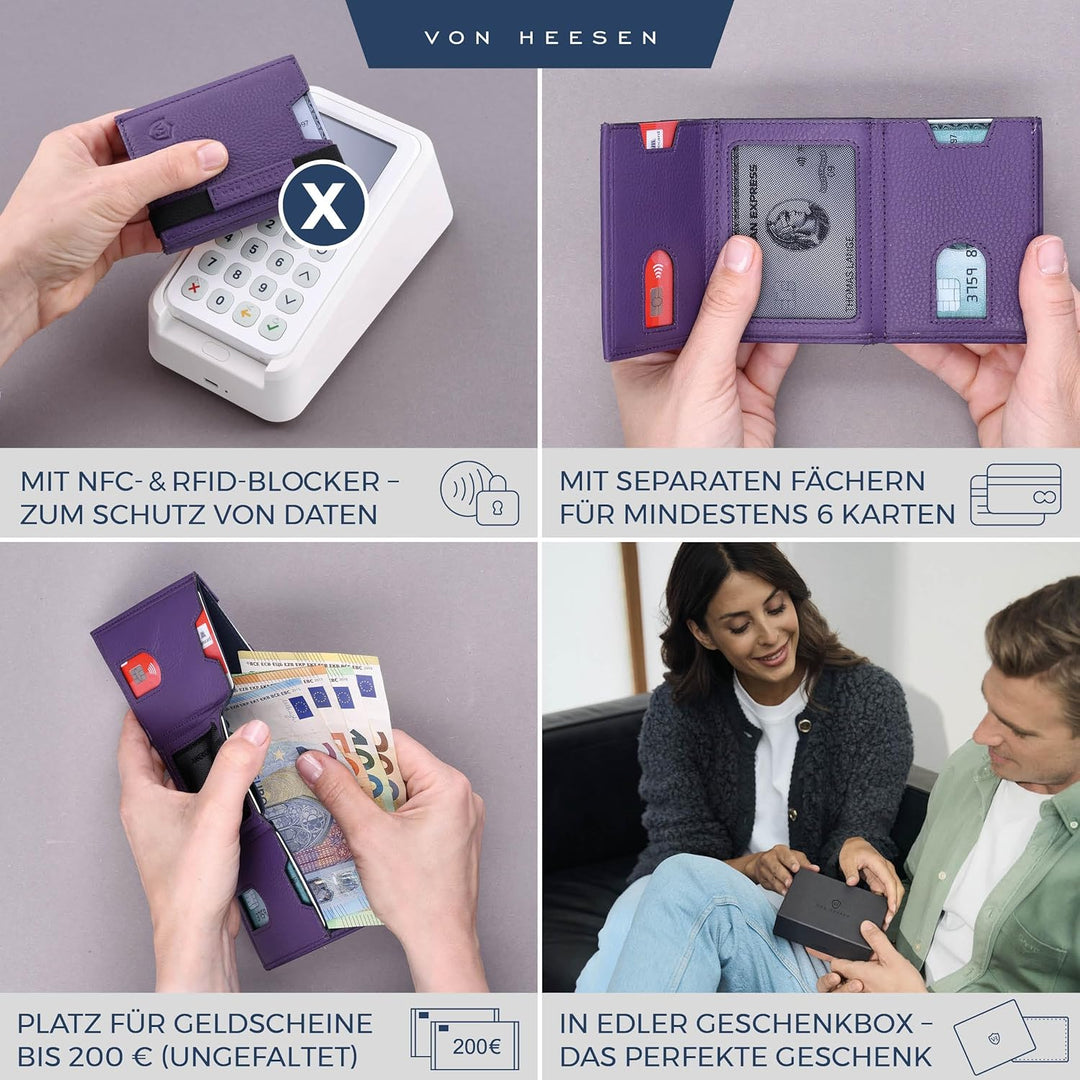 VON HEESEN Leder Slim Wallet - Geldbeutel mit RFID Schutz - Mini Geldbörse für Herren und Damen - Ka