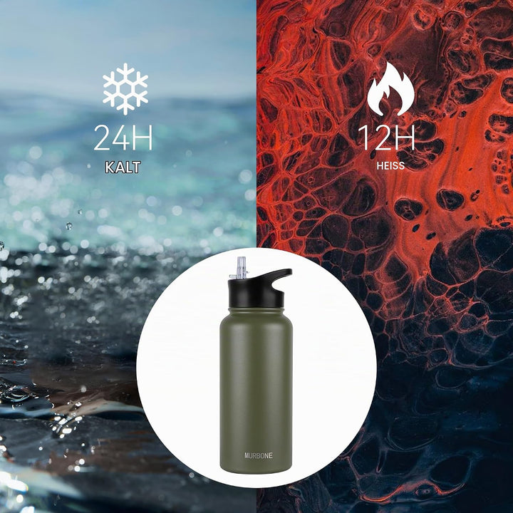 Edelstahl Trinkflasche 1L, (+2 Deckel)-mit Strohhalm,BPA frei,Thermosflasche Auslaufsicher,Kohlensäu