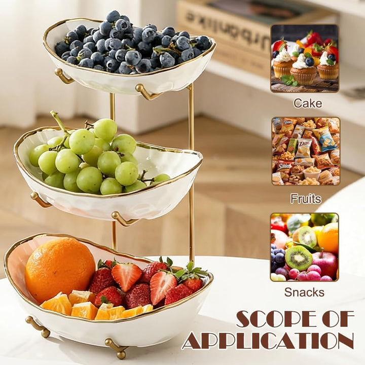 3-Schicht Obstschale Keramik mit Metallgestell, Obstschale Etagere, Elegante Etagere zum Servieren v