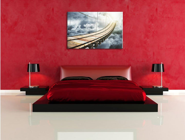 Pixxprint Hölzerne Brücke in den Wolken als Leinwandbild/Grösse: 100x70 / Wandbild/Kunstdruck/fertig