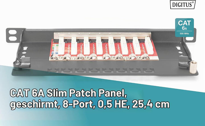 DIGITUS CAT 6A Patch Panel, geschirmt,8-Port 1/2HE, 10", Rack Mount,schwarz RAL 9005, DN-91608S-SL-E
