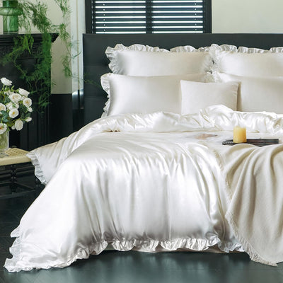 Freyamy Satin Bettwäsche 135x200 Glatt Luxus Seide Glanzsatin Bettwäsche Set Weiss Einfarbig Rüschen