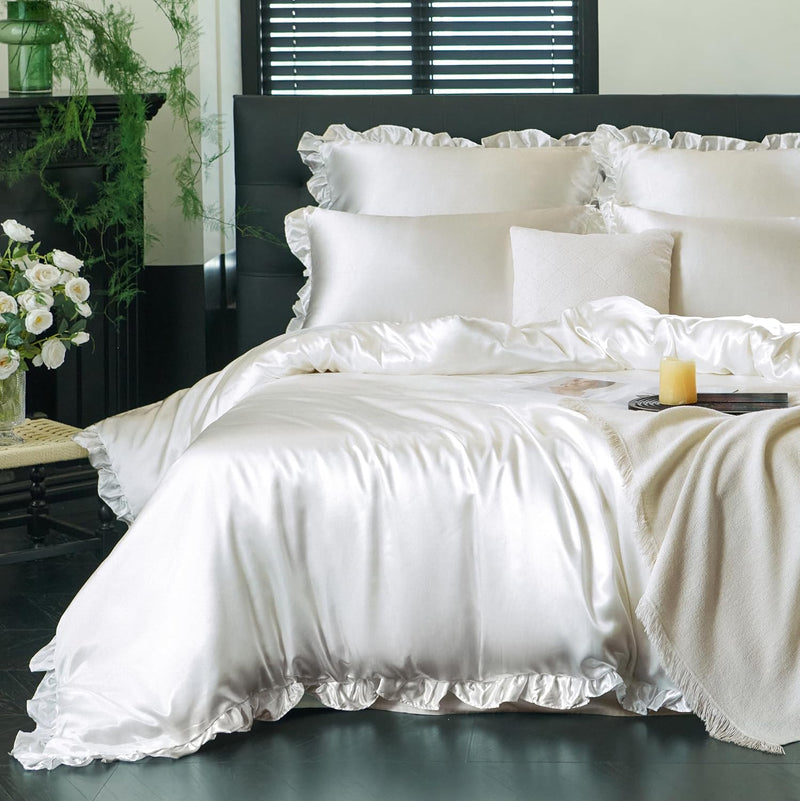 Freyamy Satin Bettwäsche 135x200 Glatt Luxus Seide Glanzsatin Bettwäsche Set Weiss Einfarbig Rüschen