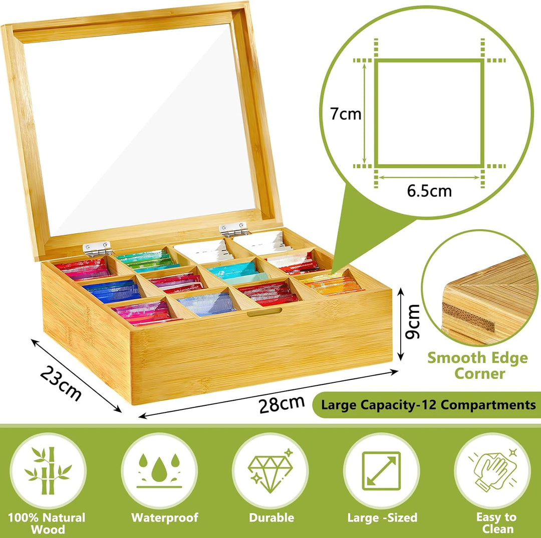 Teebox, Teebox aus Holz mit 12 Fächern,Teebeutel Aufbewahrungsbox,Teekiste mit Sichtfenster 28 x 22.