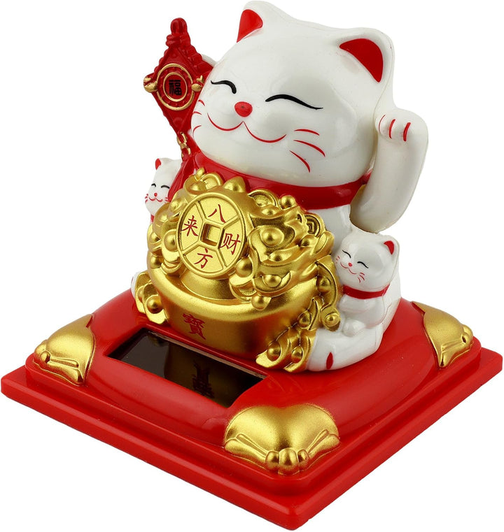 Freak Scene Glückskatze Maneki-Neko Knoten weiss Solar auf Sockel 8cm Winkekatze Lucky cat, Weiss