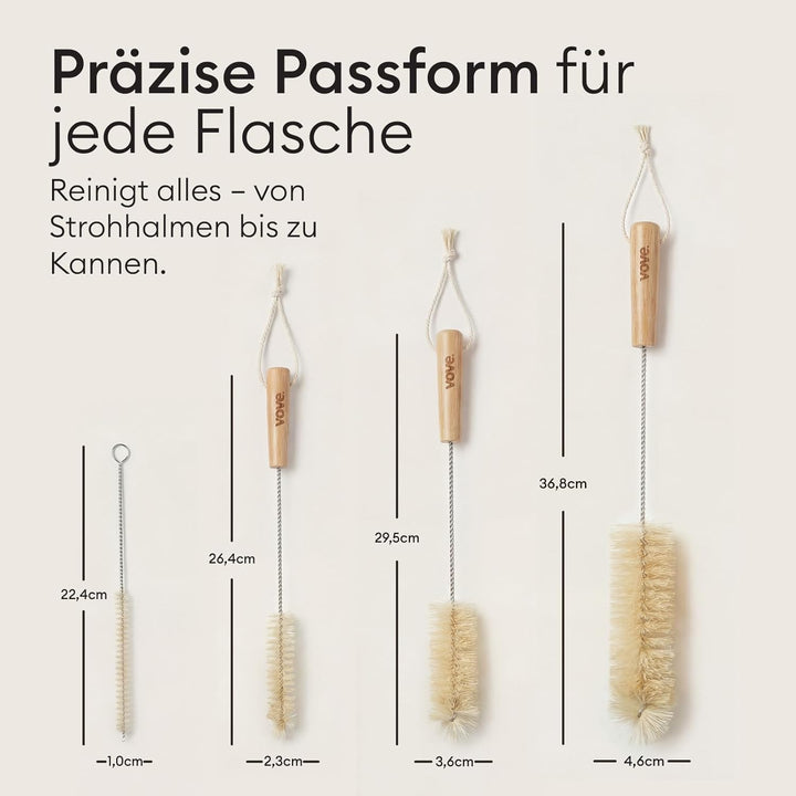 Vove Flaschenbürsten-Set 4-teilig aus Natur-Sisal mit Bambusgriffen, plastikfrei, inkl. Strohhalmrei