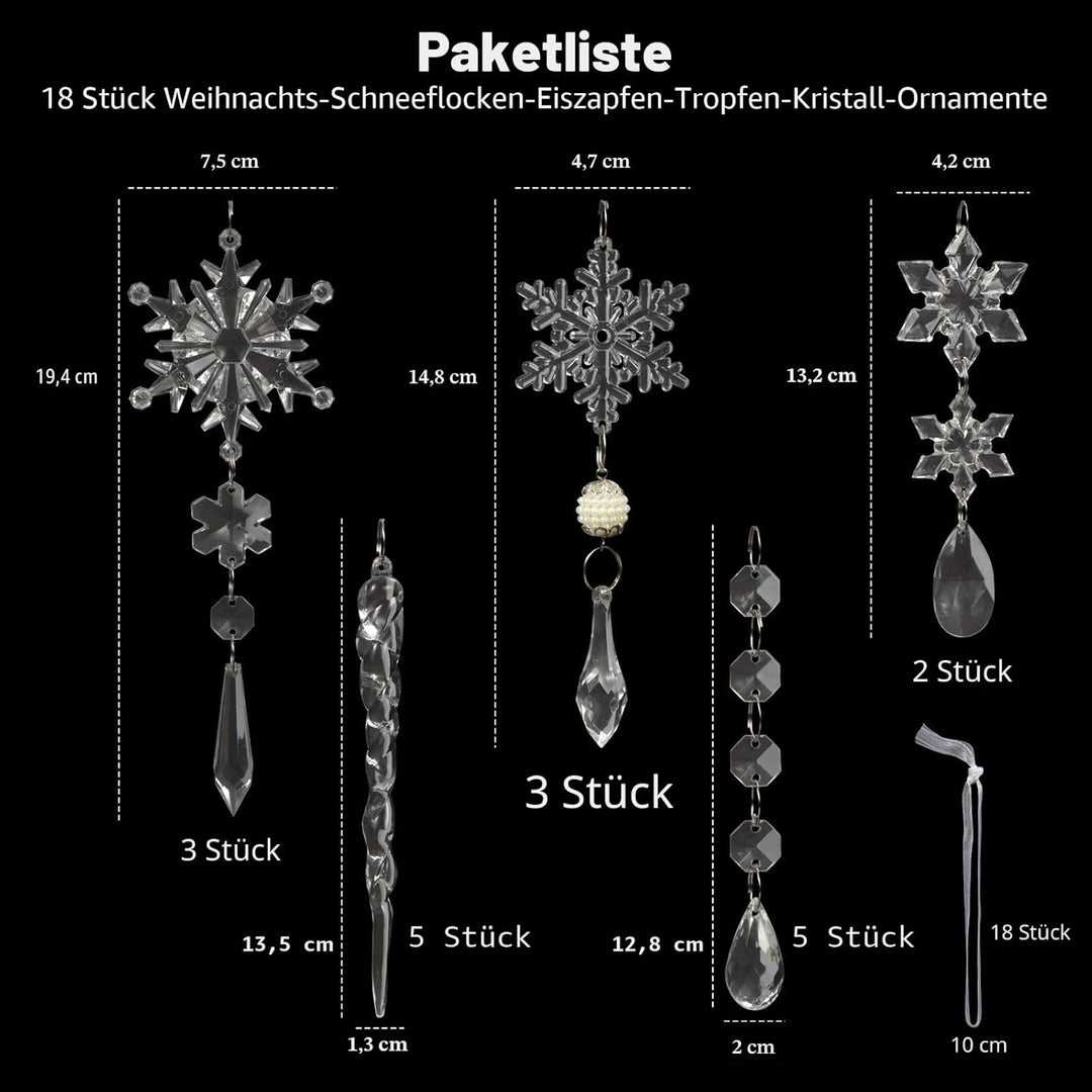 18 Stück Weihnachtsbaumschmuck Kristall Ornamente – Hängende Acryl Weihnachten Schneeflocke Eiszapfe