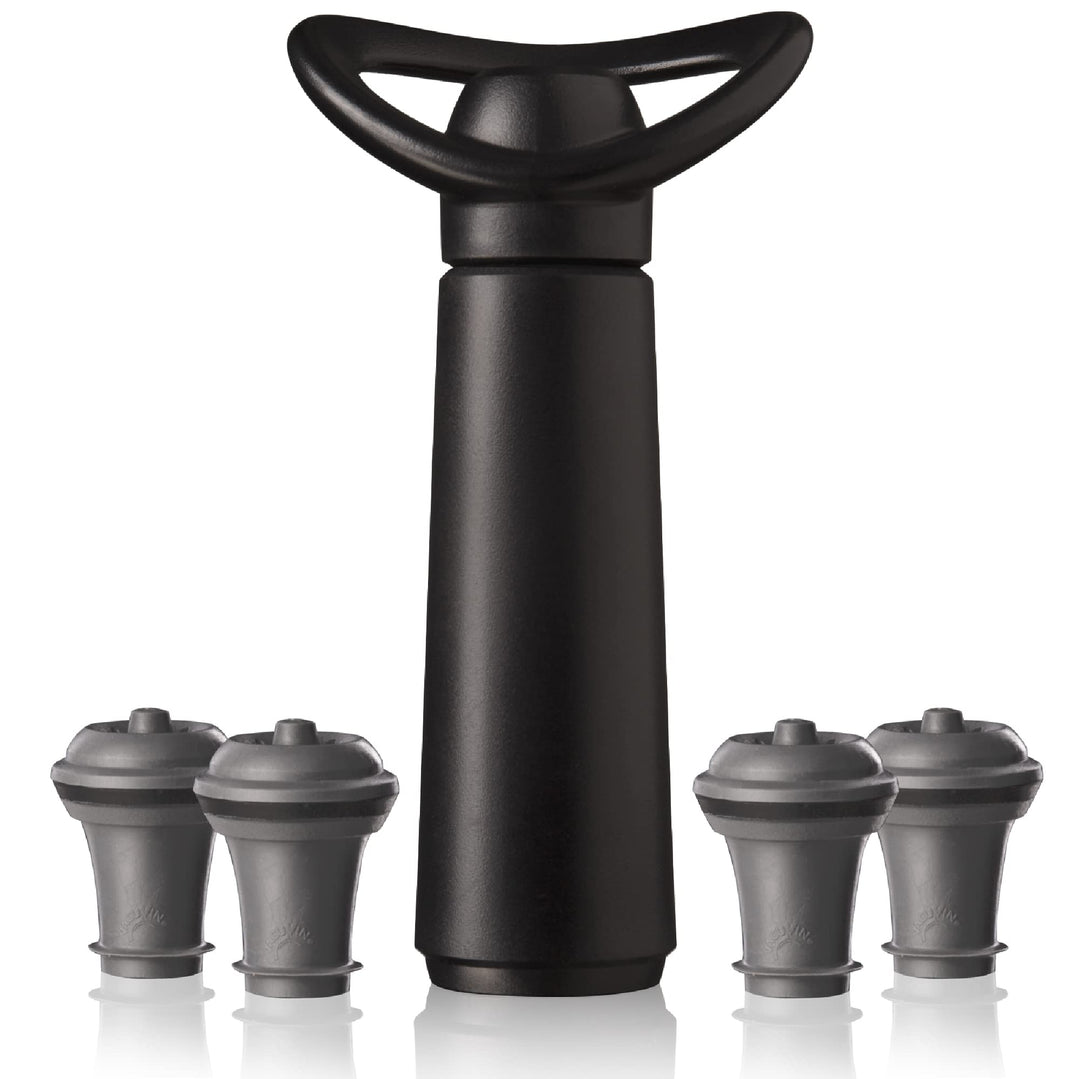 Vacu Vin Weinpumpe Concerto - Schwarz - 1 Pumpe 4 Stopper - Vakuumpumpe mit Weinflaschenverschluss -