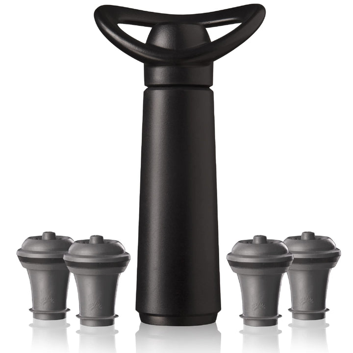 Vacu Vin Weinpumpe Concerto - Schwarz - 1 Pumpe 4 Stopper - Vakuumpumpe mit Weinflaschenverschluss -