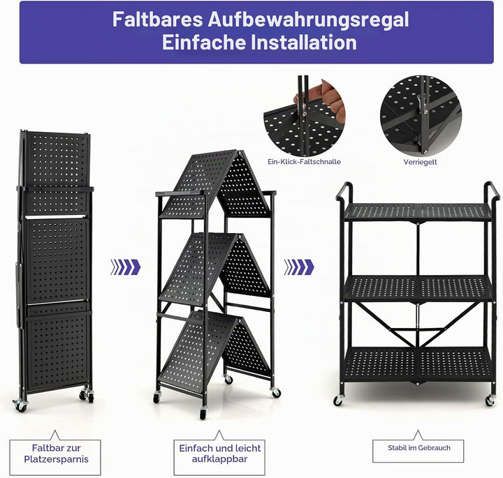 HOMASIS Servierwagen klappbar, Küchenwagen mit 3 Ebenen, Rollwagen mit 4 Rollen inkl. 2 Bremsen, Auf