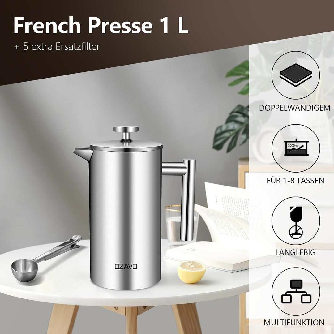 Kaffeebereiter, French Press 1000ML mit 5 Ersatzfilter und 1 Löffel, Doppelwandige Edelstahl Kaffeek