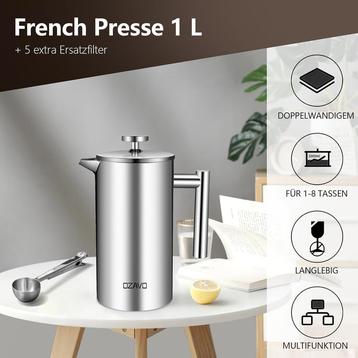 Kaffeebereiter, French Press 1000ML mit 5 Ersatzfilter und 1 Löffel, Doppelwandige Edelstahl Kaffeek