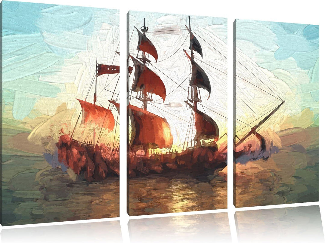 Pixxprint Segelschiff 3Teiler 120x80 cm Leinwandbild Wandbild Kunstdruck