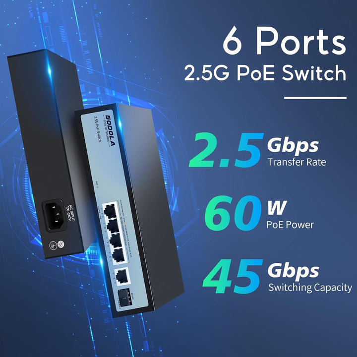 SODOLA 6 Port 2.5G PoE Switch Unmanaged|1X 10G SFP&4 x 2.5GBASE-T POE Ports, IEEE802.3af/at, 65W,Plu