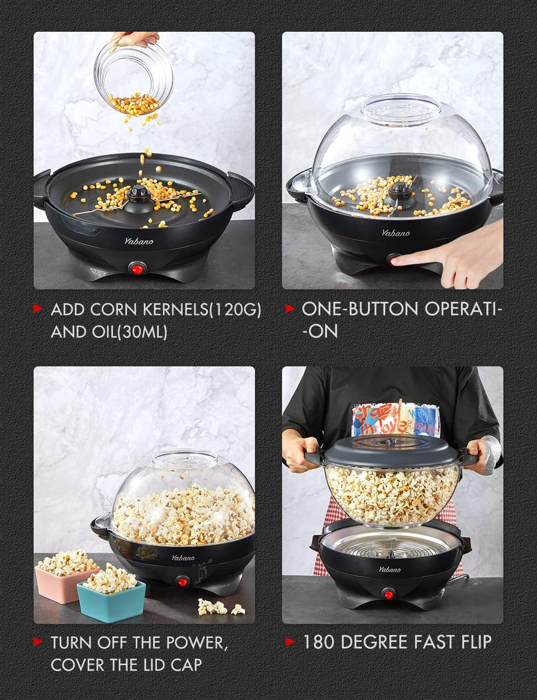 Yabano Popcornmaschine für Zuhause, Maker Machine mit Zucker & Öl, Abnehmbare Heizfläche, 5L Popcorn