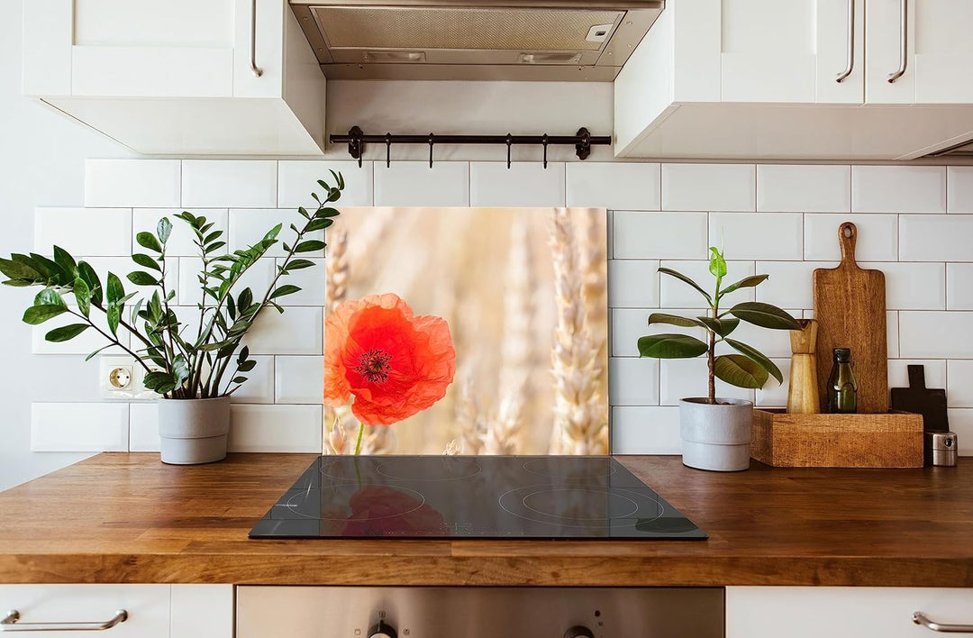 Mohnblume im Kornfeld Herdabdeckplatte & Spritzschutz aus Echtglas | Für Herd-Kochfelder | 60x52 cm