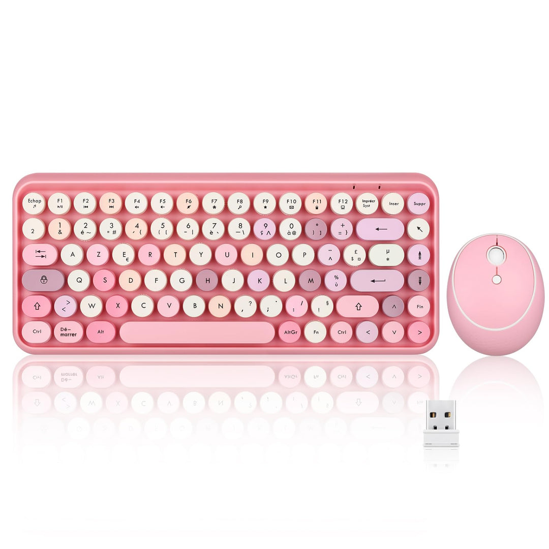 Perixx PERIDUO-713 Mini-Tastatur und Maus, kabellos, 2,4 GHz, Retro-Stil, rund, Pastellrosa, AZERTY