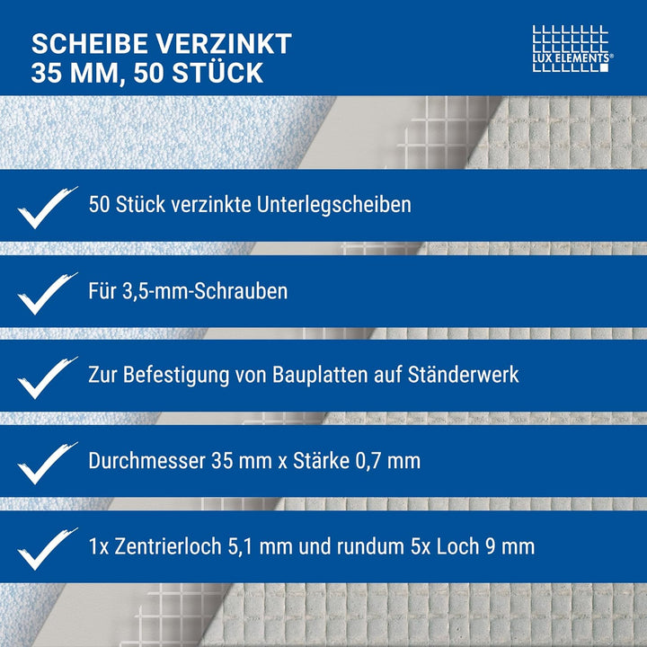 LUX ELEMENTS Unterlegscheibe 35mm FIX-S 50 Stk. I 10x verzinkte Unterlegscheiben mit Stärke 0,7mm fü