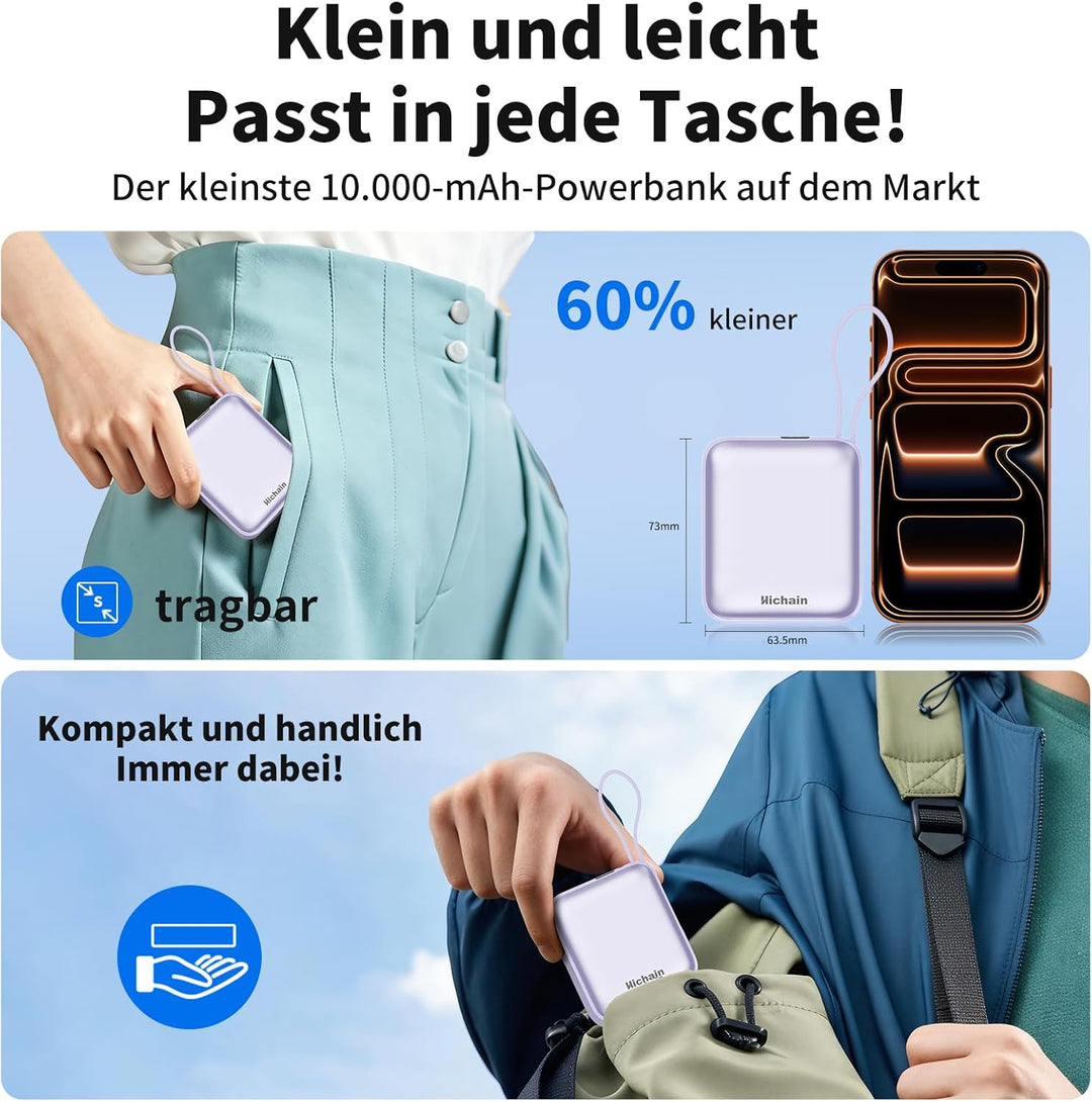 Hichain Power Bank Klein, 10000mAh 22,5W Powerbank USB C Schnellladen mit Integriertem USB-C Kabel,
