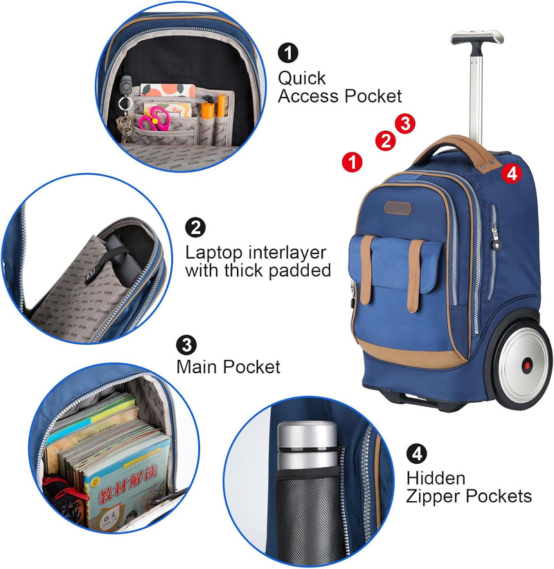 UNIKER Rolling Laptop Bag for 14 Inch Laptop,Roller Bookbag,Schoolbag with Wheels,Briefcase on Wheel