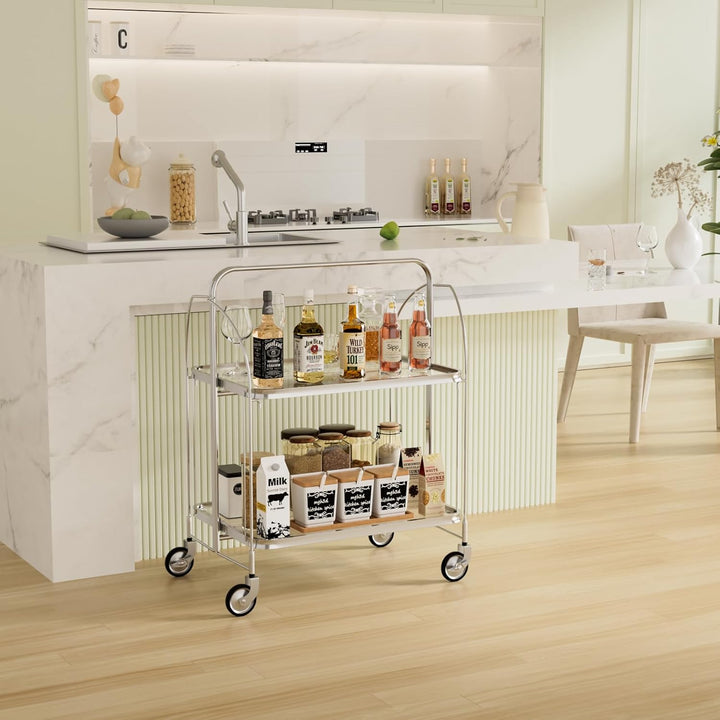 Servierwagen mit Rollen, Servierwagen Klappbar, Dinett 2 Tier Ablagekorb aus Temperglas with Wheels,