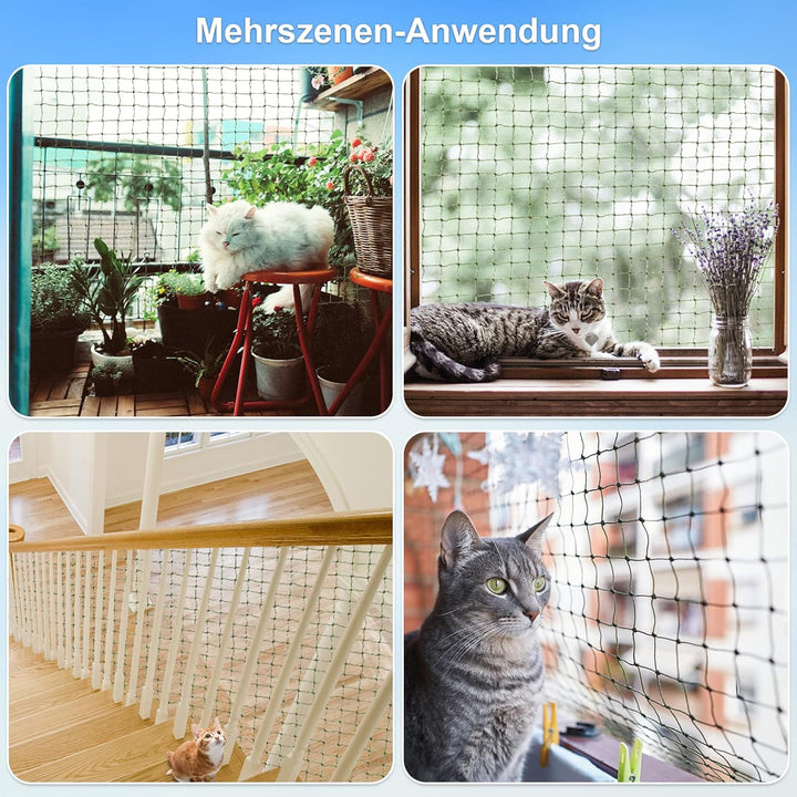 Aystkniet katzennetz für Balkon, 8 x 3 m Katzennetz Drahtverstärkt Schwarz mit 25M Befestigungsseil