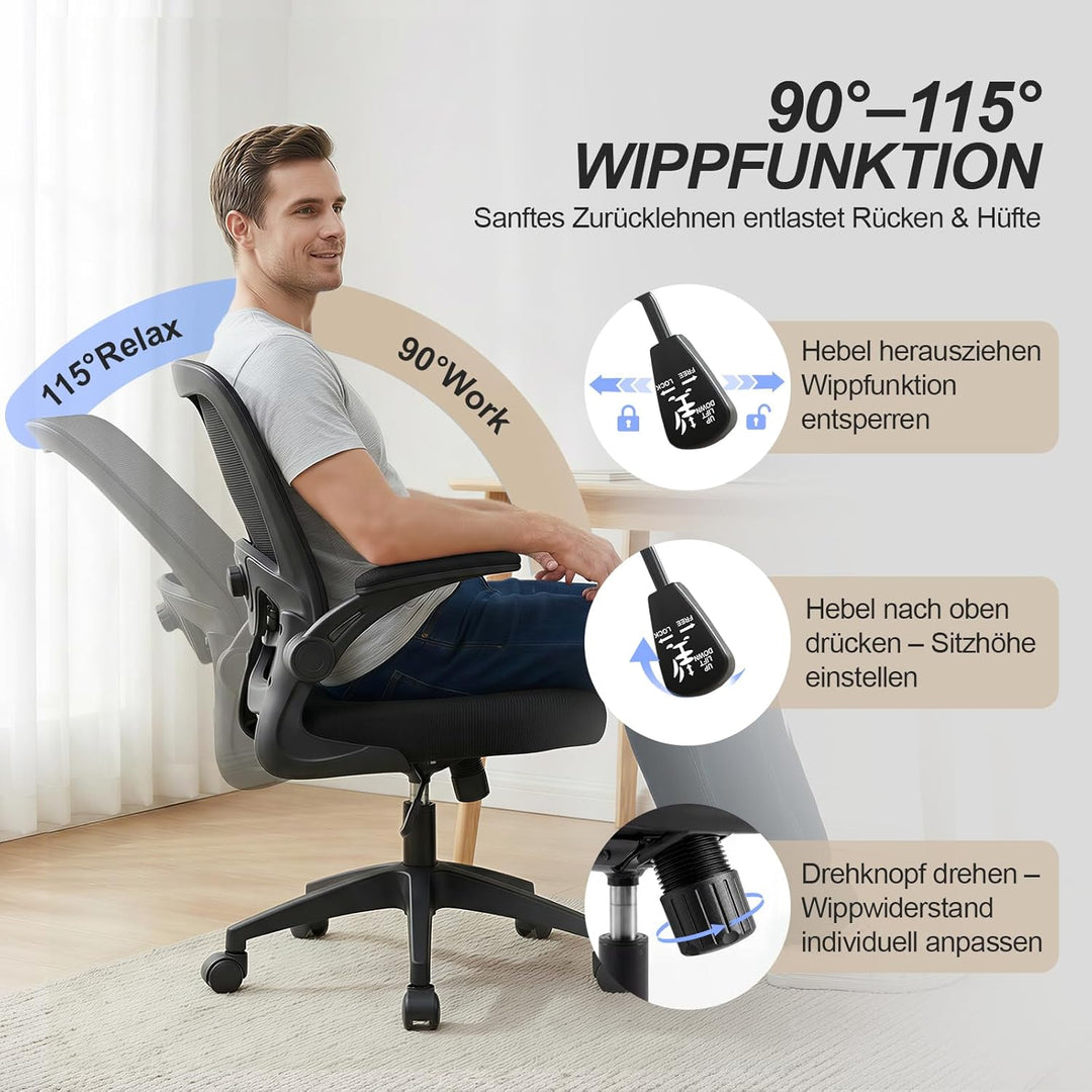 Bürostuhl Ergonomisch mit 4D Verstellbarer Lordosenstütze und Atmungsaktivem Mesh, Ergonomischer Sch