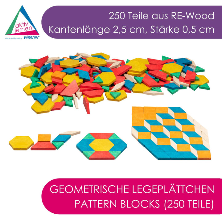 WISSNER Montessori Pattern Blocks Geometrie Formen 250 Teile - Pädagogisches RE-Wood Tangram Kinder-