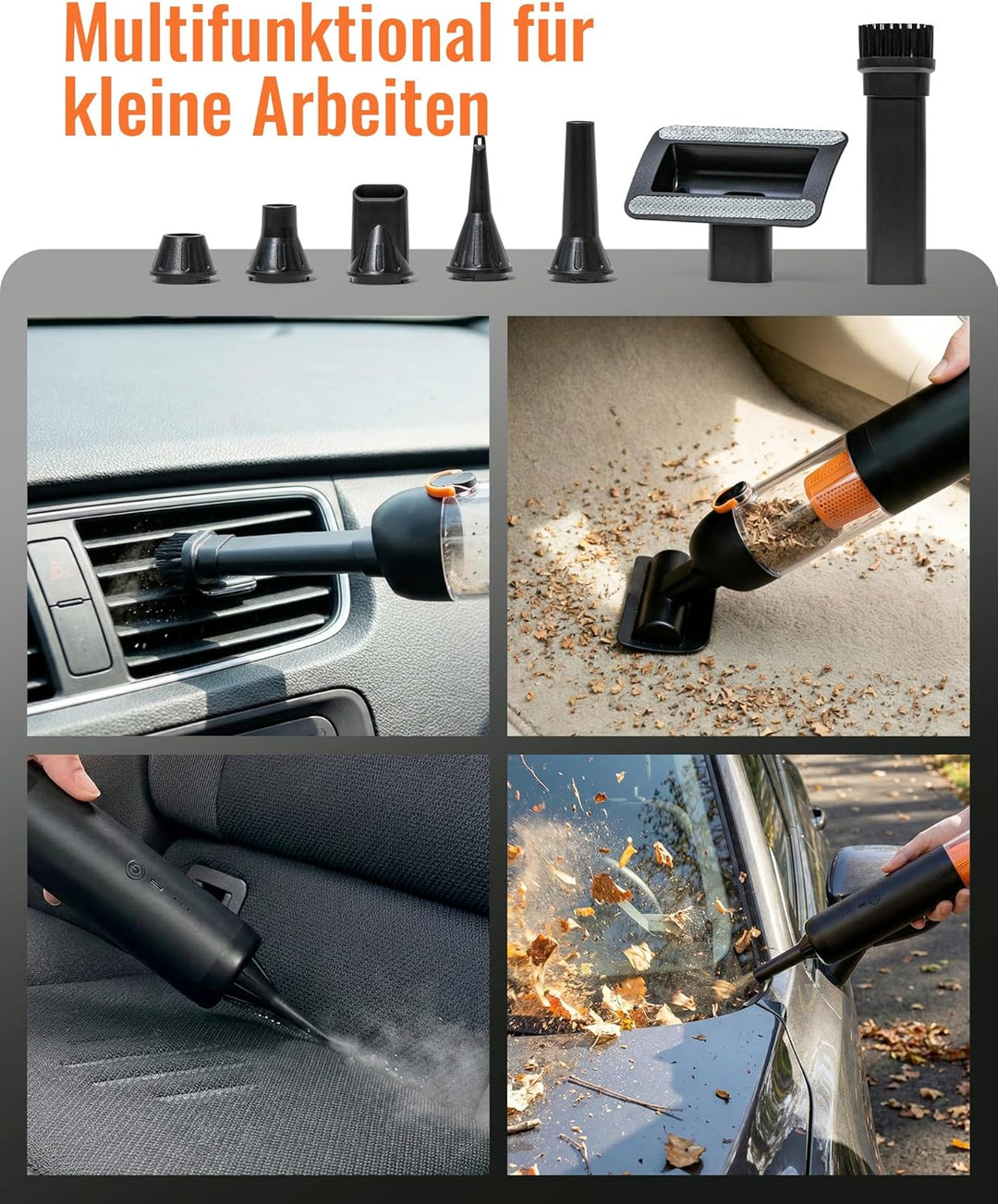 Handstaubsauger Akku, 4-in-1 Tragbarer Mini Kabelloser Auto Staubsauger mit 19.000 Pa Saugkraft, Lei