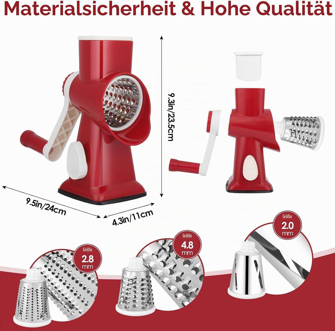 Dreamhigh Käsereibe mit Kurbel, Gemüseschneider 3 Edelstahl Austauschbaren Trommelklingen, Manuelle
