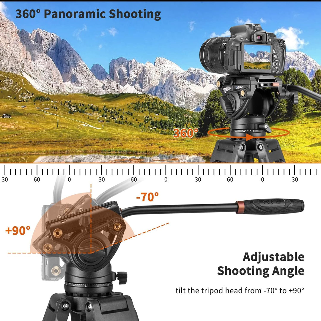 Cayer BF30L Video-Stativ mit Fluid-Kopf, 73" Heavy Duty Stativ mit 360 Grad Fluid-Kopf und Schnellwe