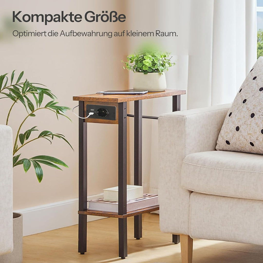HOOBRO Schmale Beistelltische 2 Ebenen, 2er-Set, Sofatische mit Ladestation, Nachttische mit Ablage,