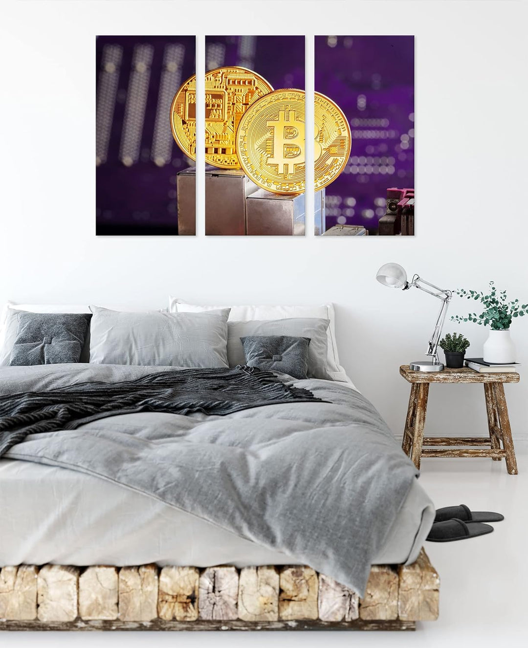 Bitcoin BTC auf Platineals Leinwandbild 3 teilig | Grösse: 120x80 cm | Wandbild | Kunstdruck | ferti