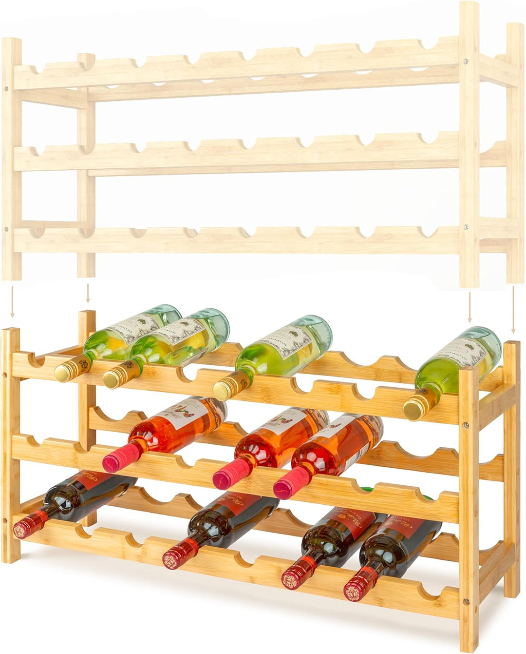 VINOMENTO® Weinregal | stapelbares Flaschenregal aus massivem Holz [für 24, 48 oder 72 Flaschen] | W