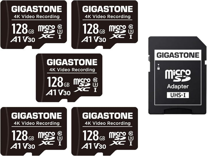 GIGASTONE 128GB MicroSDHC Speicherkarte 5er-Pack + SD Adapter, für Action-Kamera, GoPro, Drohne und