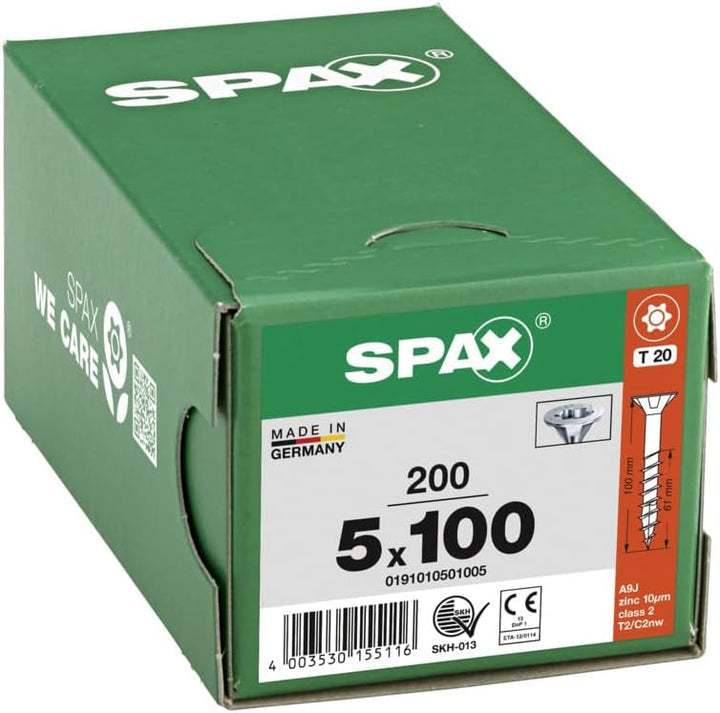 SPAX Universalschraube, 5,0 x 100 mm, 200 Stück, T-STAR plus, Senkkopf, Teilgewinde, 4CUT, WIROX A3J