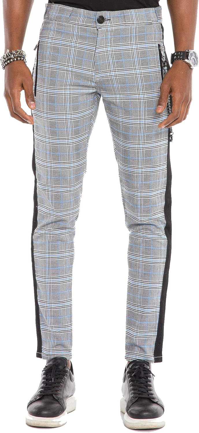 Cipo & Baxx Herren Hose Fashion kariert und gestreift mit Schlüsselkette Grau W31 L34