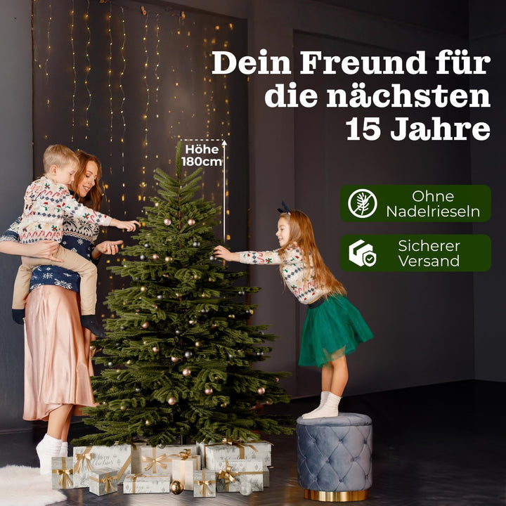 BoomDing Künstlicher Weihnachtsbaum mit Beleuchtung - extra naturgetreuer Tannenbaum (180 cm) inkl.