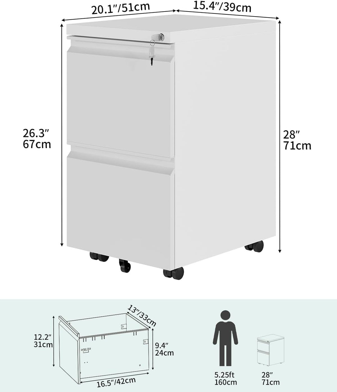 YITAHOME Rollcontainer mit Abschliessbar 2 Schubladen, Mobiler Aktenschrank mit Rollen für A4, Legal