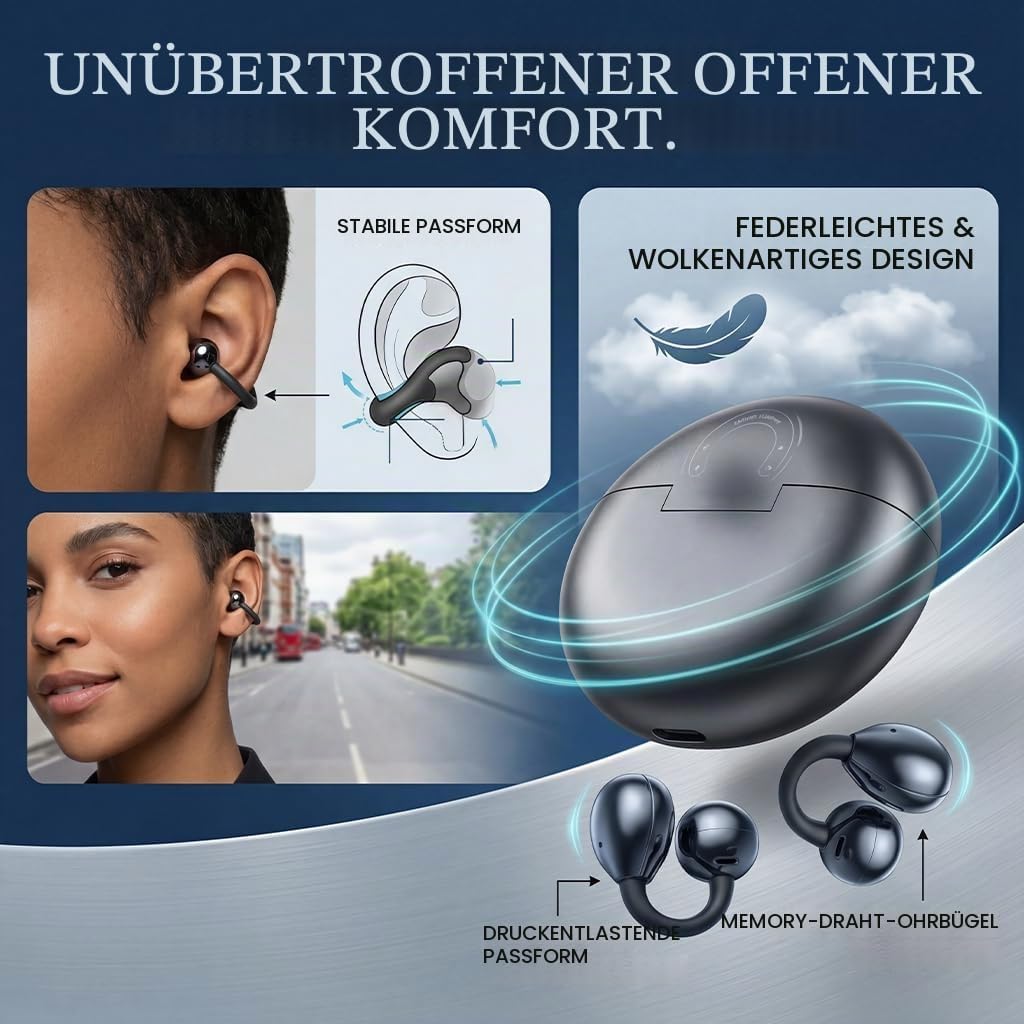 Open Ear Kopfhörer Bluetooth 5.4, Clip On Ohrhörer mit Innovativem Clip-Design, DNN Geräuschunterdrü