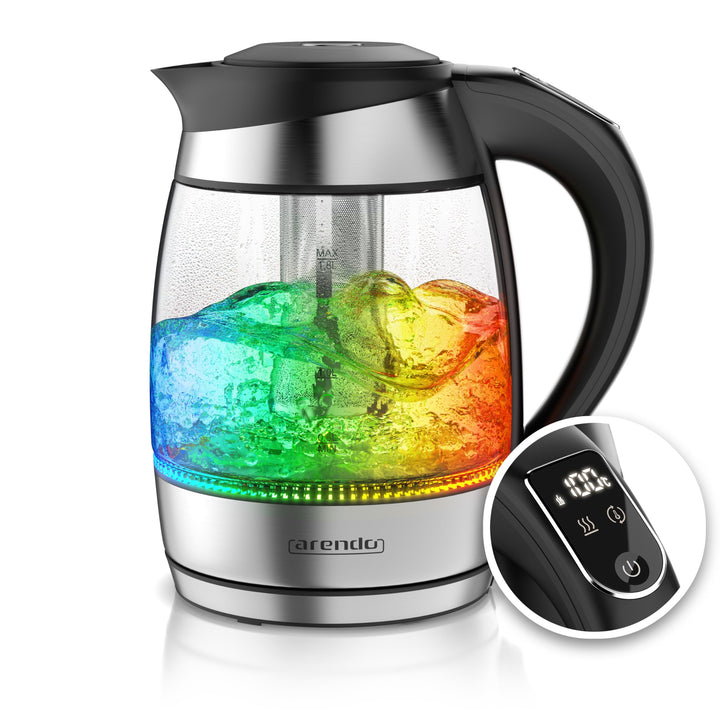 Arendo - Glas Edelstahl Wasserkocher mit LED Innenbeleuchtung - 2200 Watt - 1,7 Liter - integrierter