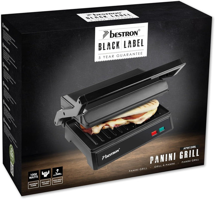 Bestron elektrischer Kontaktgrill mit Auffangschale, Sandwichmaker mit Cool-Touch-Handgriff, Paninim