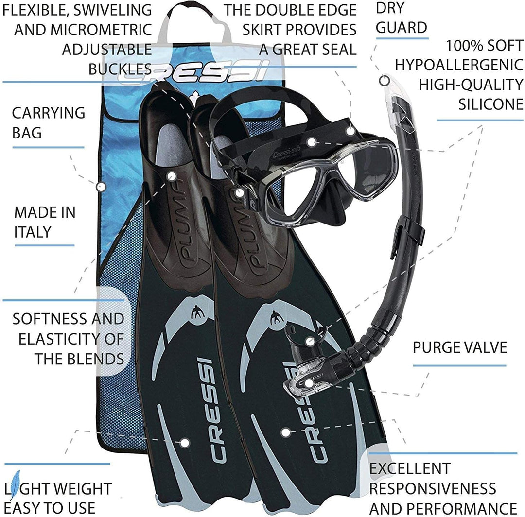 Cressi Pluma / Pluma Bag - Premium Flossen Set Schwarz/Silber - Schnorchel Set 43/44 Bundle mit Tauc